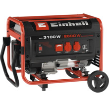 Einhell Stromerzeuger mit 3100 Watt maximaler Leistung, zwei 230 Volt Steckdosen und stabilen Rädern für einfachen Transport.