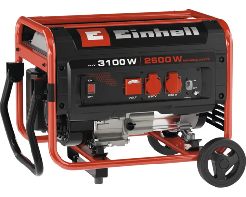 Einhell Stromerzeuger mit 3100 Watt maximaler Leistung, zwei 230 Volt Steckdosen und stabilen Rädern für einfachen Transport.