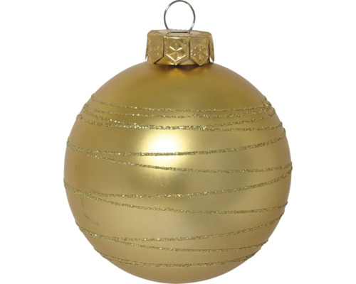 Mattgoldene Weihnachtskugel mit horizontalen Glitzerstreifen und Aufhängeöse.