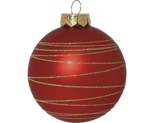 Rote matte Weihnachtskugel mit horizontalen goldfarbenen Glitzerstreifen und goldener Kappe.