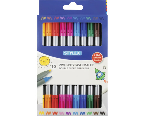 Stylex Zweispitzfasermaler Set mit 10 doppelseitigen Filzstiften, jeweils mit einer dicken und einer dünnen Malspitze.