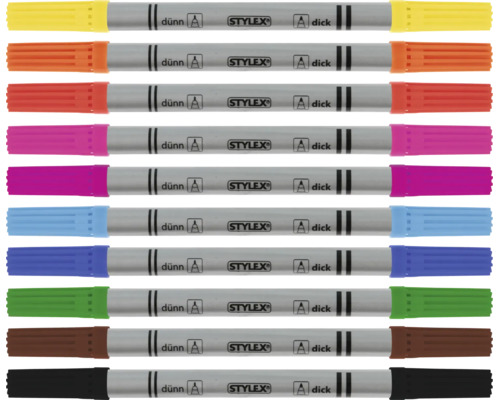 Stylex Doppel-Fasermaler Set mit 10 Stiften, jeder Stift besitzt eine dünne und eine dicke Spitze.