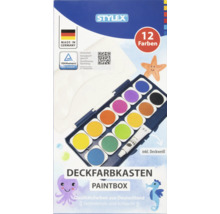 Stylex Logo, Deckfarbkasten mit 12 Farben und Deckweiß, hergestellt in Deutschland, TÜV Rheinland zertifiziert.