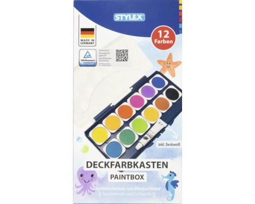 Stylex Logo, Deckfarbkasten mit 12 Farben und Deckweiß, hergestellt in Deutschland, TÜV Rheinland zertifiziert.