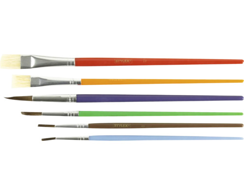 Stylex Pinselset mit sechs Pinseln, bestehend aus Flachpinseln und Rundpinseln für diverse Maltechniken.