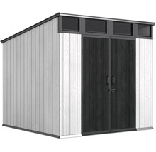 Modernes Gartenhaus mit Pultdach und Doppeltür sowie integrierten Oberlichtern in Holzoptik.