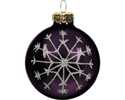 Dunkelviolette Weihnachtskugel aus Glas mit einer großen silbernen Glitzer-Schneeflocke und goldfarbenem Aufhänger.