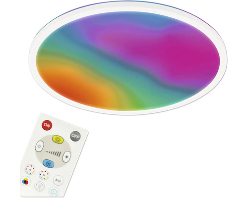 LED-Deckenleuchte mit Fernbedienung, RGB-Farbwechselfunktion und Dimmfunktion.