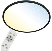 Runde LED-Deckenleuchte mit schwarzem Rahmen, Sternenhimmel-Effekt und Fernbedienung zur Steuerung von Helligkeit und Farbtemperatur.