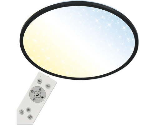 Runde LED-Deckenleuchte mit schwarzem Rahmen, Sternenhimmel-Effekt und Fernbedienung zur Steuerung von Helligkeit und Farbtemperatur.