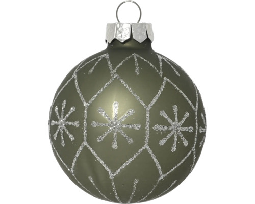 Grüne Weihnachtsbaumkugel aus Glas mit silbernem Glitzermuster aus Schneeflocken und Rauten.