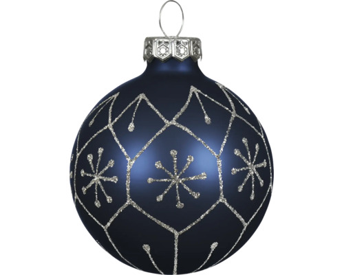 Dunkelblaue Weihnachtskugel mit silbernem Glitzermuster aus Rauten und Schneeflocken.