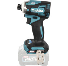 Makita Akku-Schlagschrauber der Serie XGT 40 Volt in Türkis und Schwarz mit bürstenlosem Motor und Gürtelclip.