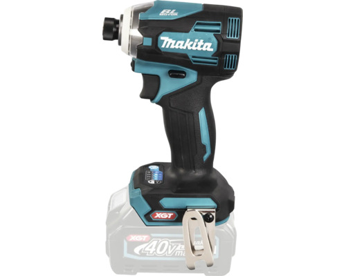 Makita Akku-Schlagschrauber der Serie XGT 40 Volt in Türkis und Schwarz mit bürstenlosem Motor und Gürtelclip.