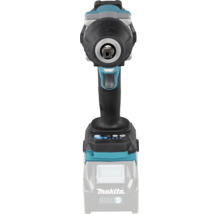 Makita Schlagschrauber mit Werkzeugaufnahme, Auslöser und Bedienfeld am Fuß. Makita Logo.