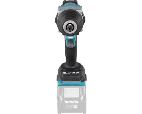 Makita Schlagschrauber mit Werkzeugaufnahme, Auslöser und Bedienfeld am Fuß. Makita Logo.