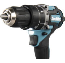 Makita Akkumulator-Schlagbohrschrauber mit Drehmomenteinstellring, Schnellspannbohrfutter und integriertem Arbeitslicht. Makita Logo.