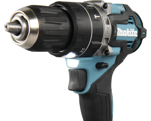 Makita Akkumulator-Schlagbohrschrauber mit Drehmomenteinstellring, Schnellspannbohrfutter und integriertem Arbeitslicht. Makita Logo.