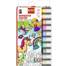 Marabu Window Color Kids Set mit 10 Farbtuben zu je 25 Milliliter inklusive Motivvorlagen zum Gestalten von abziehbaren Fensterbildern.