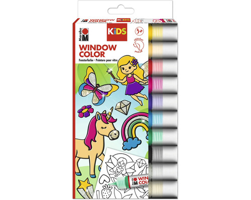 Marabu Window Color Kids Set mit 10 Farbtuben zu je 25 Milliliter inklusive Motivvorlagen zum Gestalten von abziehbaren Fensterbildern.