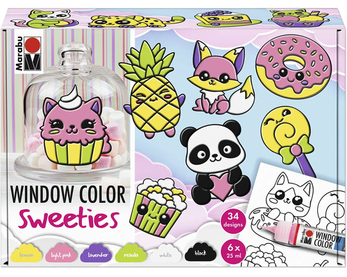 Marabu Window Color Sweeties Bastelset mit 34 Motiven und 6 Farben je 25 Milliliter für Fensterbilder.
