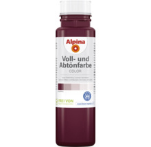 Dunkelrote Alpina Voll- und Abtönfarbe für innen und außen, frei von Konservierungsmitteln, Umweltsiegel Blauer Engel, Alpina Logo.