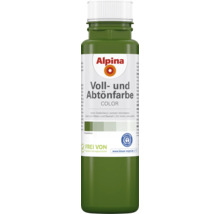 Alpina Voll- und Abtönfarbe olivegrün, für innen und außen, zum Malen und Basteln, konservierungsmittelfrei und umweltfreundlich. Alpina Logo.