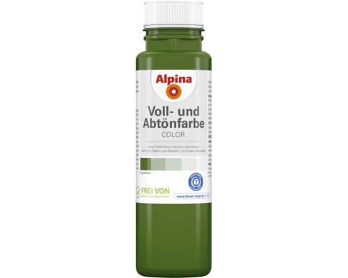 Alpina Voll- und Abtönfarbe olivegrün, für innen und außen, zum Malen und Basteln, konservierungsmittelfrei und umweltfreundlich. Alpina Logo.