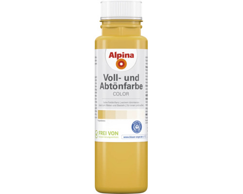 Alpina Voll- und Abtönfarbe Color in einer Kunststoffflasche. Geeignet für innen und außen, frei von Konservierungsmitteln und Blauer Engel zertifiziert.