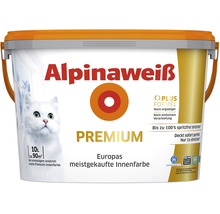 Alpinaweiß Premium matte Innenfarbe, 10 Liter für circa 90 Quadratmeter bei einmaligem Anstrich, spritzfrei zu verarbeiten.