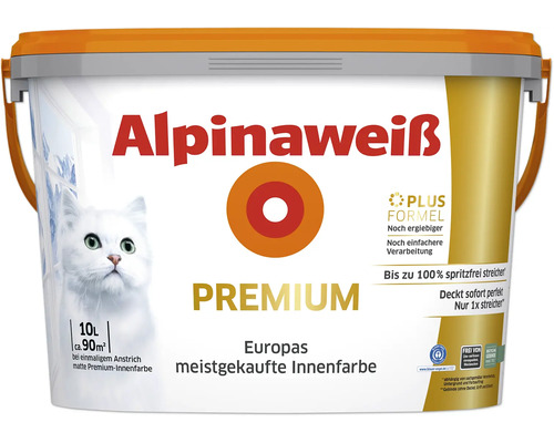 Alpinaweiß Premium matte Innenfarbe, 10 Liter für circa 90 Quadratmeter bei einmaligem Anstrich, spritzfrei zu verarbeiten.