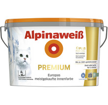 Alpinaweiß Premium matte Innenfarbe, 4 Liter Eimer für circa 36 Quadratmeter.