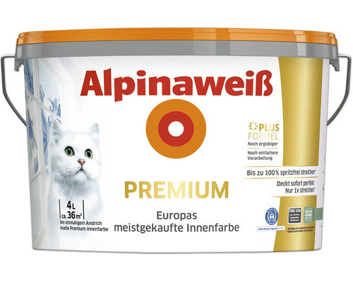 Alpinaweiß Premium matte Innenfarbe, 4 Liter Eimer für circa 36 Quadratmeter.