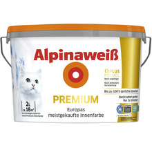 Alpinaweiß Premium matte Innenfarbe, 2 Liter für circa 18 Quadratmeter, spritzfrei und hohe Deckkraft.