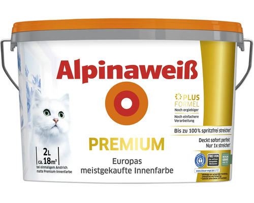 Alpinaweiß Premium matte Innenfarbe, 2 Liter für circa 18 Quadratmeter, spritzfrei und hohe Deckkraft.