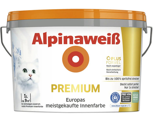 Alpina Alpinaweiß Premium matte Innenfarbe, 1 Liter Eimer, für circa 9 Quadratmeter, spritzfrei und hochdeckend.