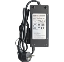 Schwarzes Ladegerät mit Kabel und Stecker für Akkus, 28 Volt, 2 Ampere, Modell HY130, für den Innenbereich.