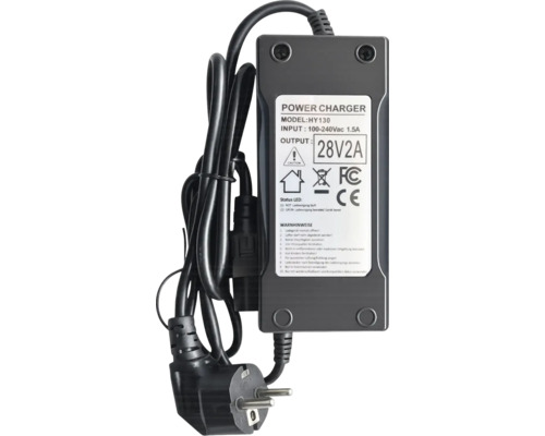 Schwarzes Ladegerät mit Kabel und Stecker für Akkus, 28 Volt, 2 Ampere, Modell HY130, für den Innenbereich.