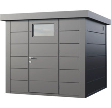 Modernes graues Gerätehaus aus Metall mit Pultdach, einer Tür mit Fenster und horizontalen Paneelen.