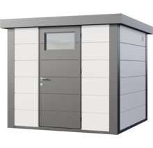 Modernes Gartenhaus aus Metall in Grau und Weiß mit Pultdach, Tür inklusive Fenster und horizontalem Paneel-Design.