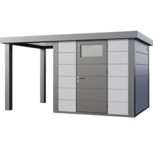 Modernes Gartenhaus aus Metall mit Pultdach, einer Tür mit Fenster und einem seitlichen Schleppdach.