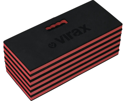 Knieschutzmatte aus mehrlagigem schwarz-rotem Schaumstoff mit Tragegriff und Virax Logo.