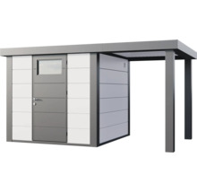 Modernes Gartenhaus aus Metall mit Flachdach, Tür mit Fenster und integriertem Anbaudach.