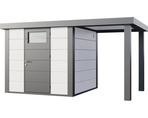Modernes Gartenhaus aus Metall mit Flachdach, Tür mit Fenster und integriertem Anbaudach.