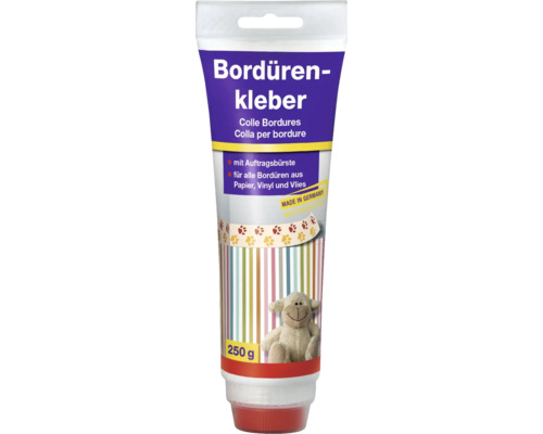 Bordürenkleber 250 Gramm Tube mit Auftragsbürste für Bordüren aus Papier, Vinyl und Vlies.