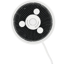 Runder LED-Einbaustrahler mit perforierter Oberfläche, drei integrierten Lichtpunkten und weißem Gehäuse mit Anschlusskabel.