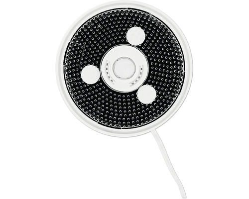 Runder LED-Einbaustrahler mit perforierter Oberfläche, drei integrierten Lichtpunkten und weißem Gehäuse mit Anschlusskabel.