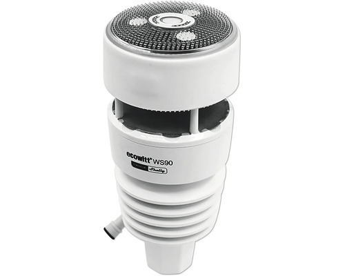 Weißer Ecowitt WS90 7 in 1 Außensensor für Wetterstation mit Solarpanel und Ultraschall-Anemometer.
