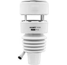 Ecowitt WS90 Wetterstation powered by Shelly, weißer Außensensor mit Strahlungsschutzschild für Garten und Haus.