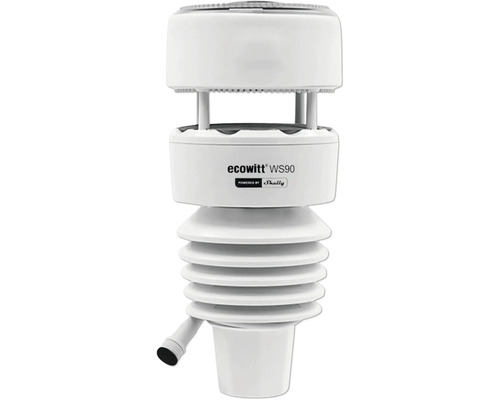 Ecowitt WS90 Wetterstation powered by Shelly, weißer Außensensor mit Strahlungsschutzschild für Garten und Haus.